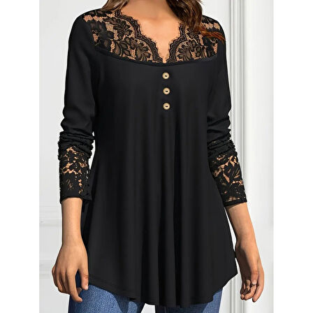 Lucky Life Kadın Uzun Kollu Dantel Detaylı Düğmeli Viskon Bluz