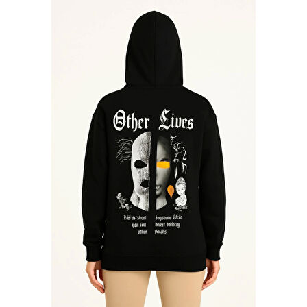 Lucky Life Üç İplik Kapşonlu ön Ve Arka Baskılı SweatShirt Hoodie- Siyah