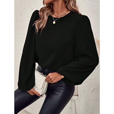 Lucky Life Kadın Uzun Kollu Yuvarlak Yaka Arkadan Bağcıklı Salaş Ithal Krep Bluz