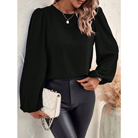 Lucky Life Kadın Uzun Kollu Yuvarlak Yaka Arkadan Bağcıklı Salaş Ithal Krep Bluz