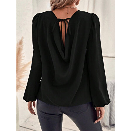 Lucky Life Kadın Uzun Kollu Yuvarlak Yaka Arkadan Bağcıklı Salaş Ithal Krep Bluz