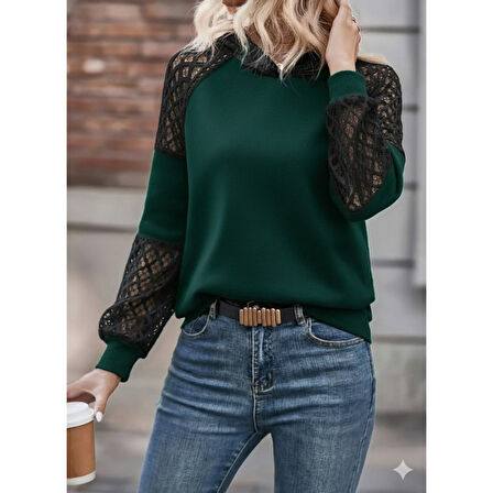 Lucky Life Kadın Uzun Kollu Dantelli Kapşonlu Viskon Iki Iplik Bluz