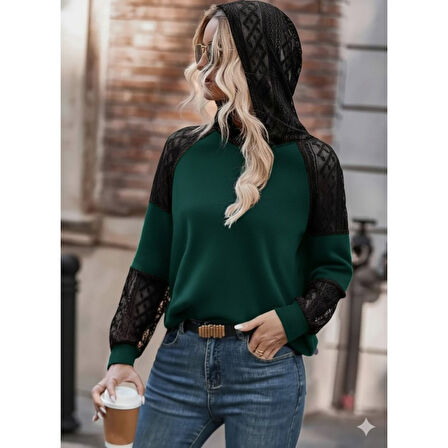 Lucky Life Kadın Uzun Kollu Dantelli Kapşonlu Viskon Iki Iplik Bluz