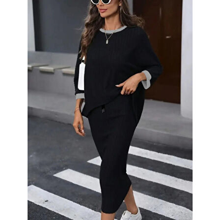 Lucky Life Lucky Life Kadın Uzun Kollu Yakası Açık şardonlu Kaşkorse Bluz Ve Eteği Bağcıklı Ikili Takım