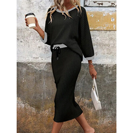 Lucky Life Lucky Life Kadın Uzun Kollu Yakası Açık şardonlu Kaşkorse Bluz Ve Eteği Bağcıklı Ikili Takım