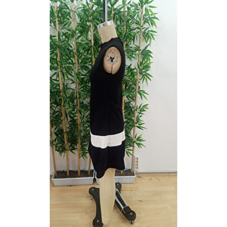 Lucky Life Kadın Sıfır Kol Yarı Balıkçı Yaka şerit Detaylı Ithal Krep Elbise