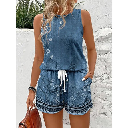 Lucky Life Kadın Askılı Yuvarlak Yaka çiçek Baskılı Süprme Bluz Ve Short Ikili Takım