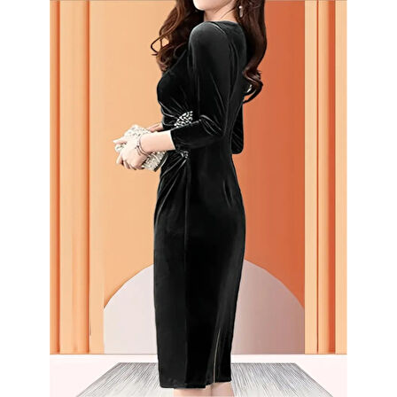 Lucky Life Kadın Uzun Kollu Bot Yaka Yanı Taş Detaylı Midi Kadife Elbise