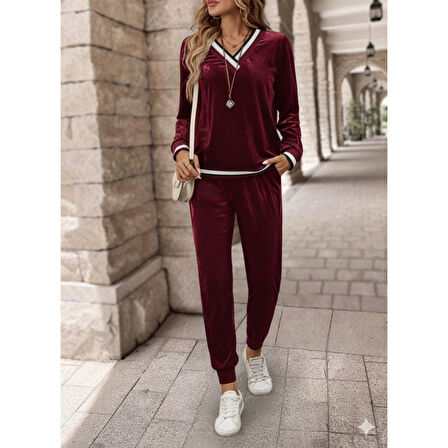 Lucky Life Kadın Uzun Kollu V Yaka Kadife Bluz Ve Pantolon Ikili Takım