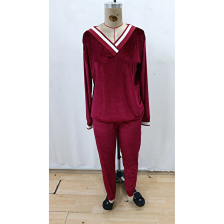 Lucky Life Kadın Uzun Kollu V Yaka Kadife Bluz Ve Pantolon Ikili Takım