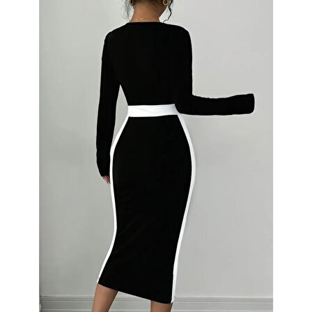 Lucky Life Kadın Uzun Kollu Geometrik Yaka Midi Ithal Krep Elbise