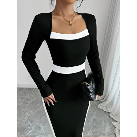 Lucky Life Kadın Uzun Kollu Geometrik Yaka Midi Ithal Krep Elbise