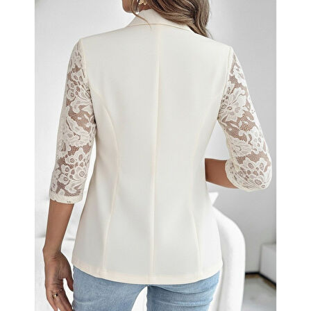 Lucky Life Lucky Life Kadın Uzun Kollu Truvakar Kol önden Düğmeli Cepli Dantelli Atlas Ceket