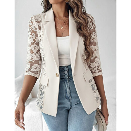 Lucky Life Lucky Life Kadın Uzun Kollu Truvakar Kol önden Düğmeli Cepli Dantelli Atlas Ceket