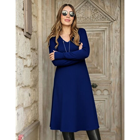 Lucky Life Kadın Uzun Kollu V Yakalı Salaş Midi Akrilik Elbise