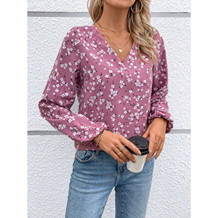 Lucky Life Lucky Life Kadın Uzun Kollu V Yakalı çiçek Desenli Modal Bluz