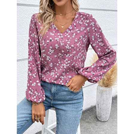 Lucky Life Lucky Life Kadın Uzun Kollu V Yakalı çiçek Desenli Modal Bluz