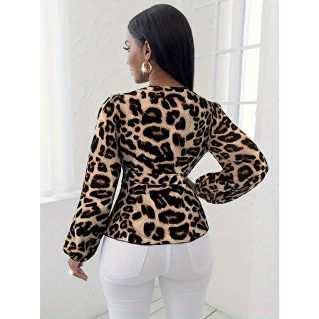 Lucky Life Kadın Uzun Kollu Kruvaze Yakalı Belden Kuşaklı Leopar Desenli Süprem Bluz