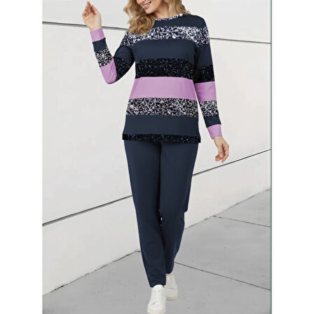 Lucky Life Kadın Uzun Kollu Bisiklet Yaka çizgili Desen Iki Iplik Bluz Ve Pantolon Ikili Takım