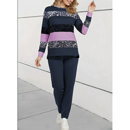 Lucky Life Kadın Uzun Kollu Bisiklet Yaka çizgili Desen Iki Iplik Bluz Ve Pantolon Ikili Takım