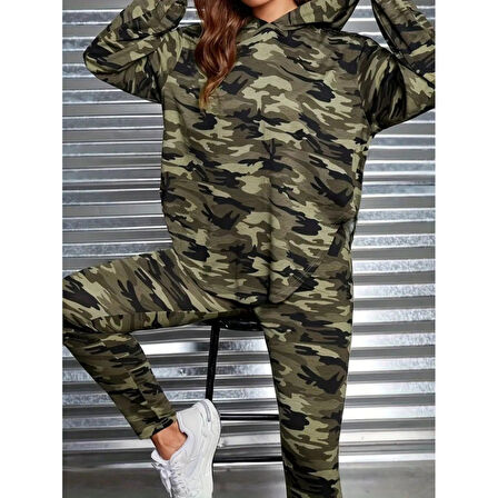 Lucky Life Lucky Life Kadın Uzun Kollu Kapşonlu Kamuflaj Desenli Bluz Ve Pantolon Tayt Ikili Takım