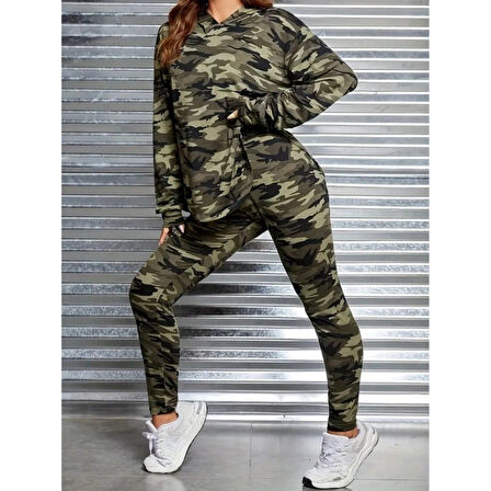 Lucky Life Lucky Life Kadın Uzun Kollu Kapşonlu Kamuflaj Desenli Bluz Ve Pantolon Tayt Ikili Takım