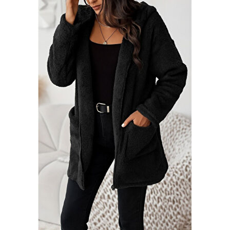 Lucky Life Kadın Uzun Kollu Kapşonlu önden Fermuarlı Cepli Welsoft Ceket