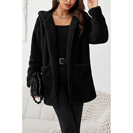 Lucky Life Kadın Uzun Kollu Kapşonlu önden Fermuarlı Cepli Welsoft Ceket