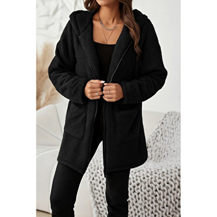 Lucky Life Kadın Uzun Kollu Kapşonlu önden Fermuarlı Cepli Welsoft Ceket