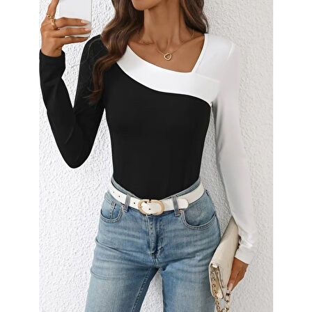 Lucky Life Kadın Uzun Kollu Geometrik Yaka Detaylı çift Renkli Viskon Bluz