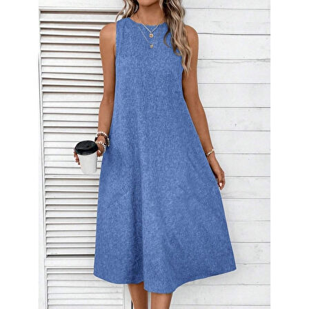 Lucky Life Kadın Kolsuz Bisiklet Yaka Cepli Midi Keten Elbise