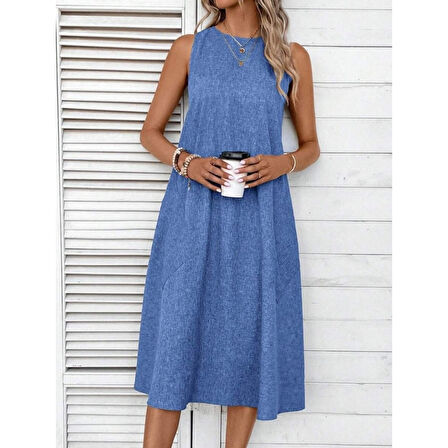 Lucky Life Kadın Kolsuz Bisiklet Yaka Cepli Midi Keten Elbise