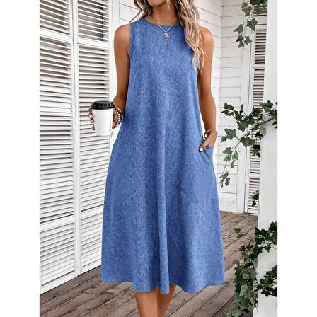 Lucky Life Kadın Kolsuz Bisiklet Yaka Cepli Midi Keten Elbise