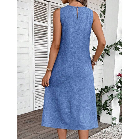 Lucky Life Kadın Kolsuz Bisiklet Yaka Cepli Midi Keten Elbise