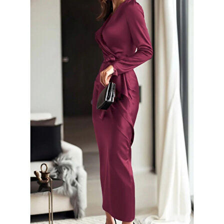 Lucky Life Kadın Uzun Kollu Kruvaze Yakalı Beli Kuşaklı Uzun Saten Elbise