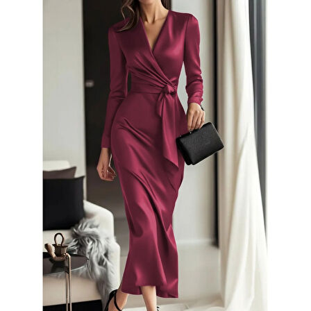 Lucky Life Kadın Uzun Kollu Kruvaze Yakalı Beli Kuşaklı Uzun Saten Elbise