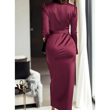 Lucky Life Kadın Uzun Kollu Kruvaze Yakalı Beli Kuşaklı Uzun Saten Elbise