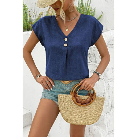 Lucky Life Kadın Kısa Kollu V Yakalı Düğmeli Keten Bluz