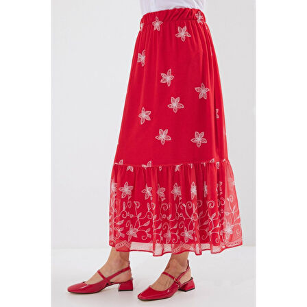 Lucky Life Kadın Desenli Şifon Etek - A.Kırmızı