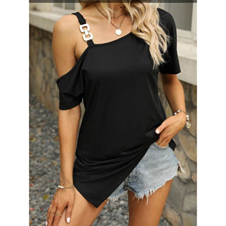 Lucky Life Kadın Tek Omuzu Açık Toka Detaylı Viskon Bluz