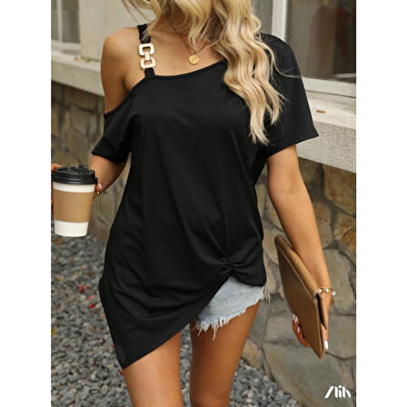 Lucky Life Kadın Tek Omuzu Açık Toka Detaylı Viskon Bluz