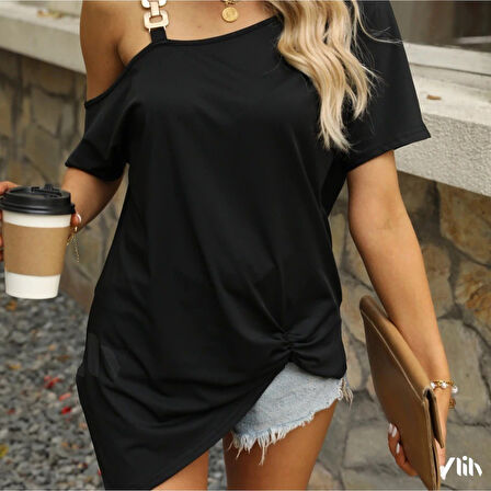 Lucky Life Kadın Tek Omuzu Açık Toka Detaylı Viskon Bluz