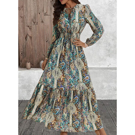 Lucky Life Kadın Uzun Kollu Uakadabağcıklı Beli Lastikli Desenli Uzun Süprem Elbise