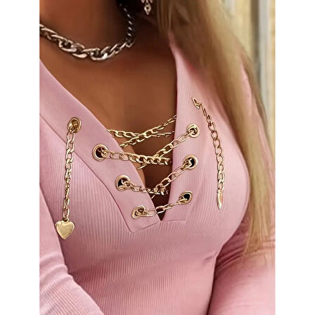 Lucky Life Lucky Life Kadın Uzun Kollu V çapraz Zincir Detaylı Kaşkorse Bluz