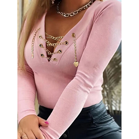 Lucky Life Lucky Life Kadın Uzun Kollu V çapraz Zincir Detaylı Kaşkorse Bluz