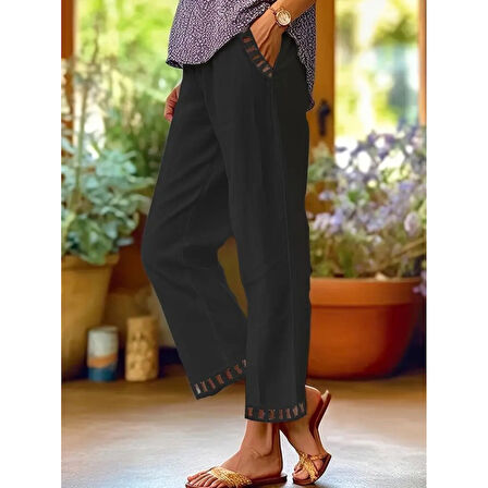 Lucky Life Kadın Beli Lastikli Bağcıklı Cep Ve Pantolon Ucu Güpür Detaylı Pantolon