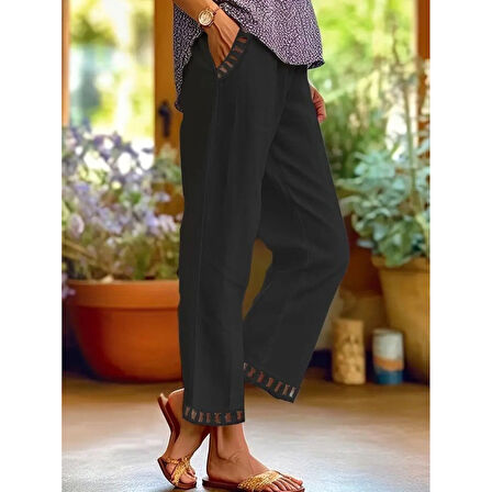 Lucky Life Kadın Beli Lastikli Bağcıklı Cep Ve Pantolon Ucu Güpür Detaylı Pantolon