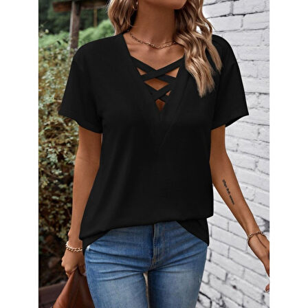 Lucky Life Kadın Kısa Kollu önden çapraz Detay V Yakalı Viskon Bluz