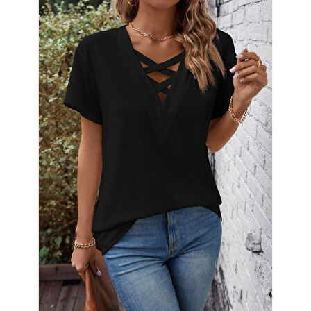 Lucky Life Kadın Kısa Kollu önden çapraz Detay V Yakalı Viskon Bluz