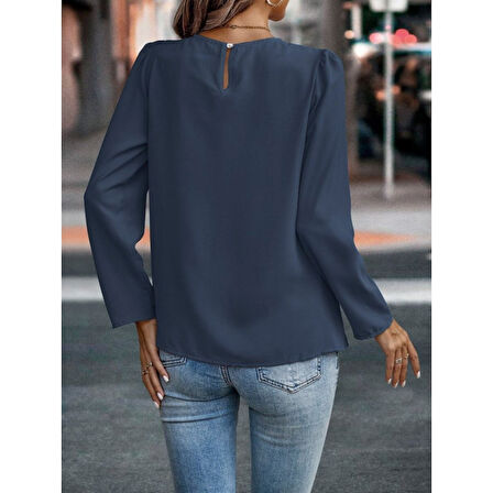 Lucky Life Kadın Uzun Kollu Yuvarlak önden Pileli Ithal Krep Bluz